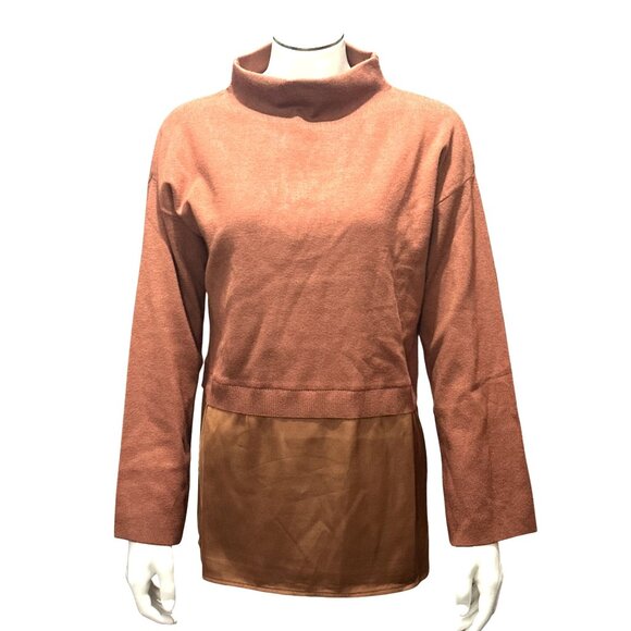 Calvin Klein Sweaters - Calvin Klein S Copper Knit Satin Hem Tunic Top Layered Mock Neck Minimalist Chic